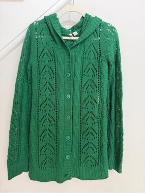 Anthropologie Moth Green Hooded Button-Front Openwork Cardigan sweater large